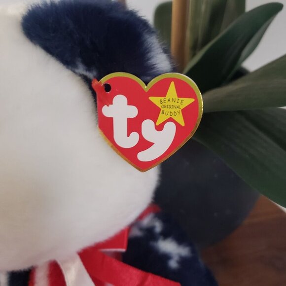 1999 Ty Large 14" Beanie Buddy Spangle Patriotic American Flag Stripes Bear - Picture 4 of 10